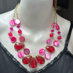 Hot pink shell bead disc and acrylic tear drop statement necklace